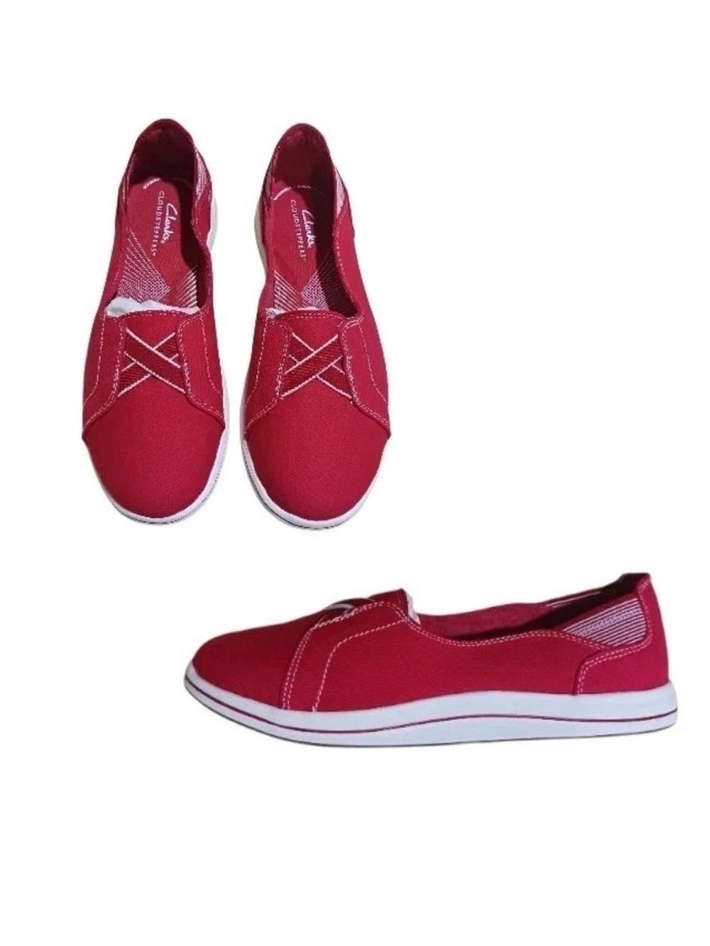 Cute Clarks Cloudstepper Breeze Skip Canvas Red and White Women's Slip-On Loafer